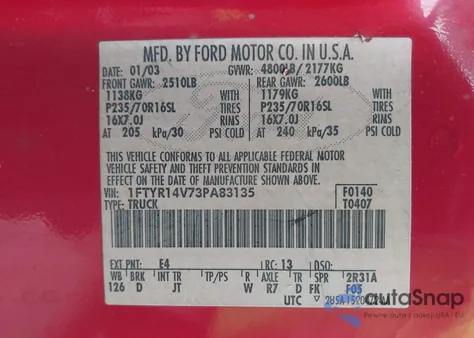 2003 Ford Ranger Edge/Tremor/Xl/Xlt z USA, uszkodzony, nr VIN 1FTYR14V73PA83135